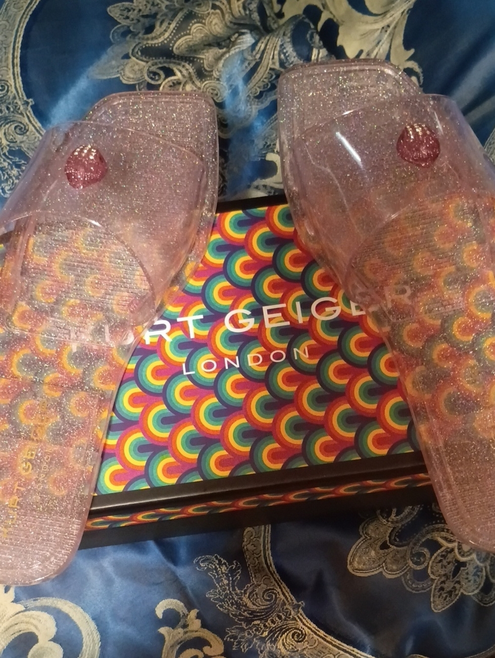 Kurt Geiger Rose Pink Glitter Clear Slide Sandals